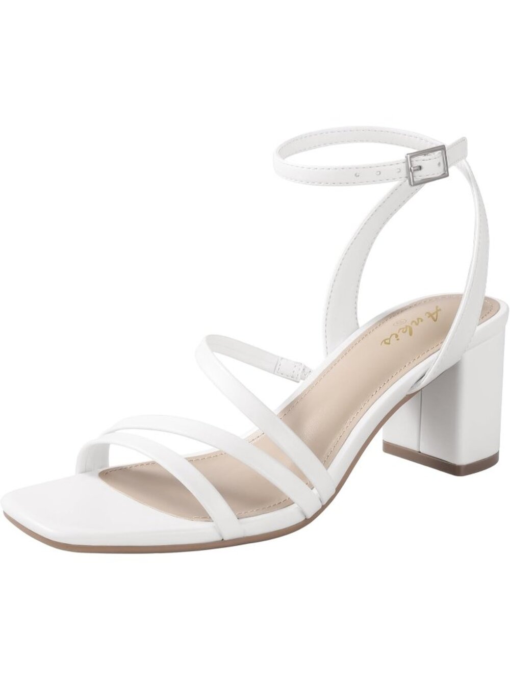 Women's White Adjustable Buckle Strap Square Open Toe Chunky Dressy Block Heels